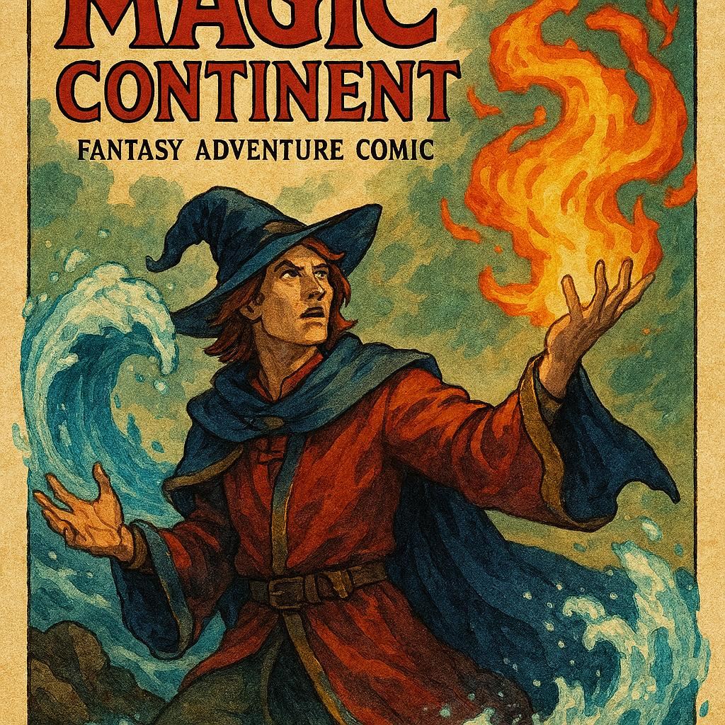 奇幻冒险漫画《魔法大陆》封面，魔法师召唤元素场景